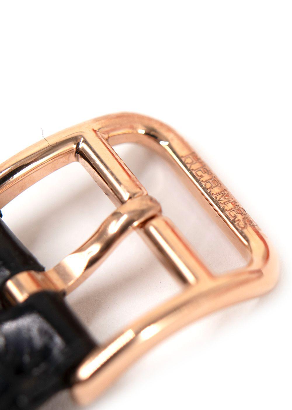 Hermes Black Alligator and Diamond Heure H Watch with Rose Gold Hardware