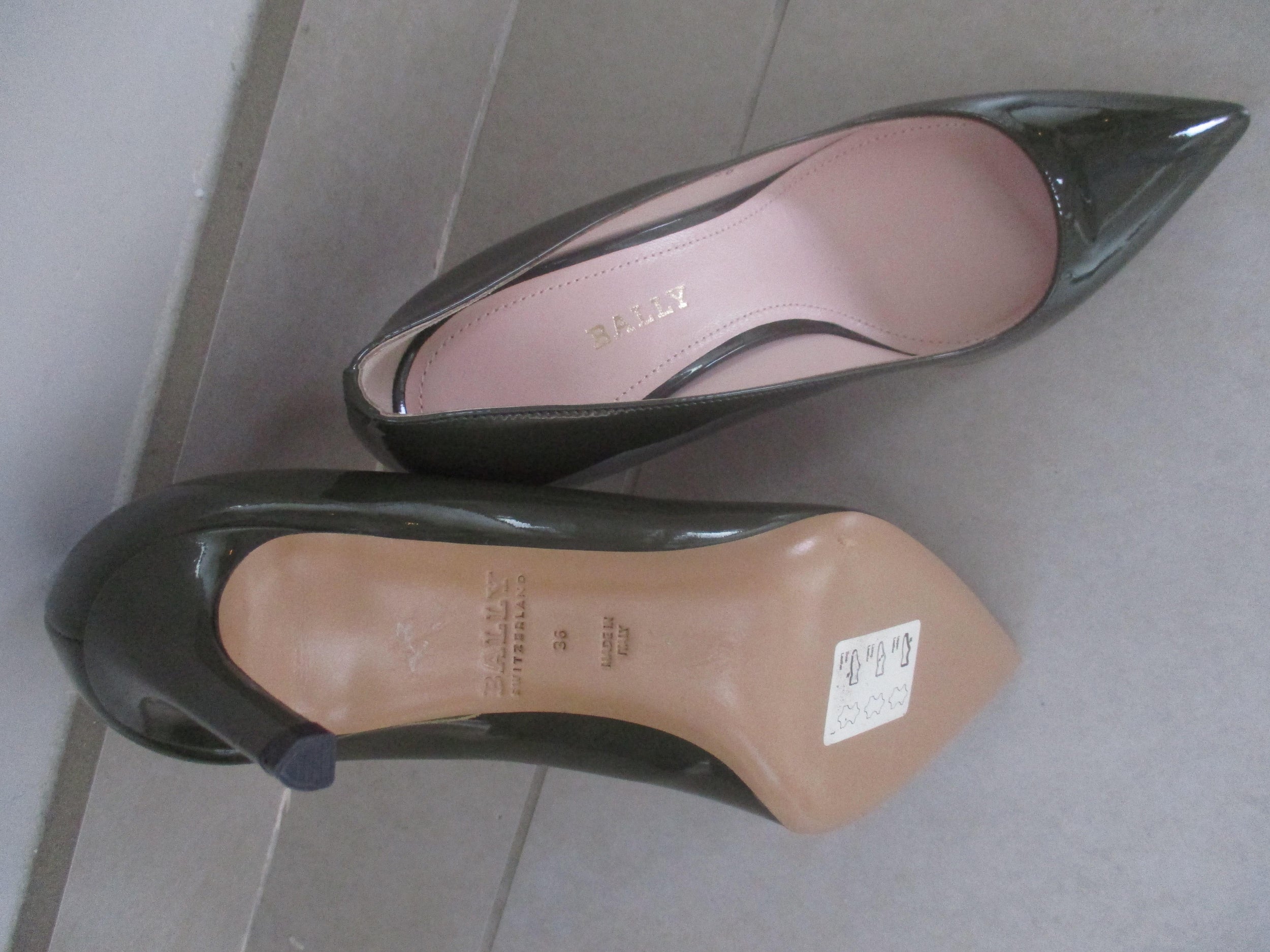 Bally Khaki Mid Heel Patent Pumps