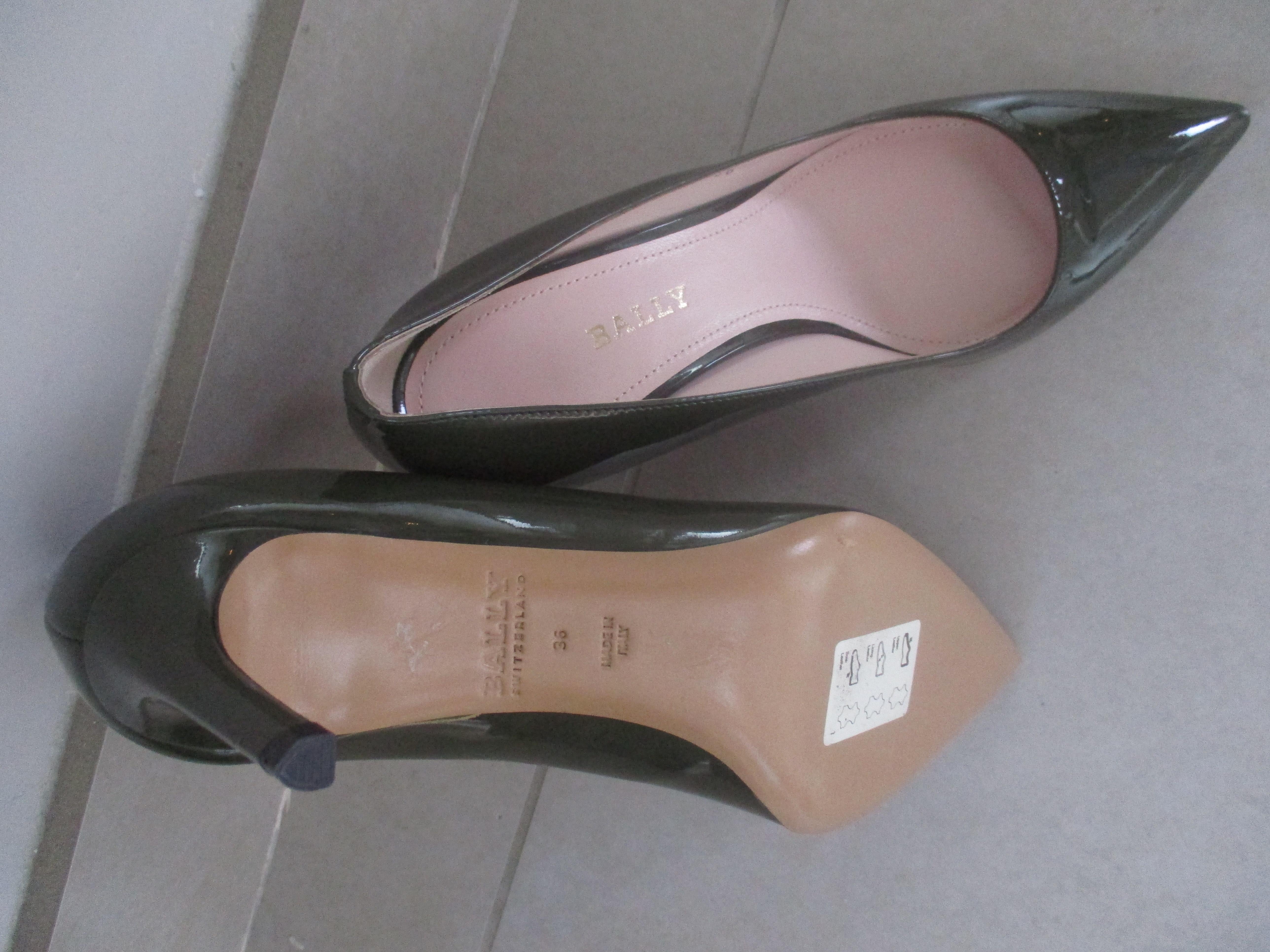 Bally Khaki Mid Heel Patent Pumps