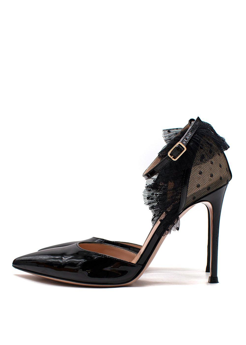 Gianvito Rossi Patent Leather Ruffle Lace Embellishment Heeled Pumps
