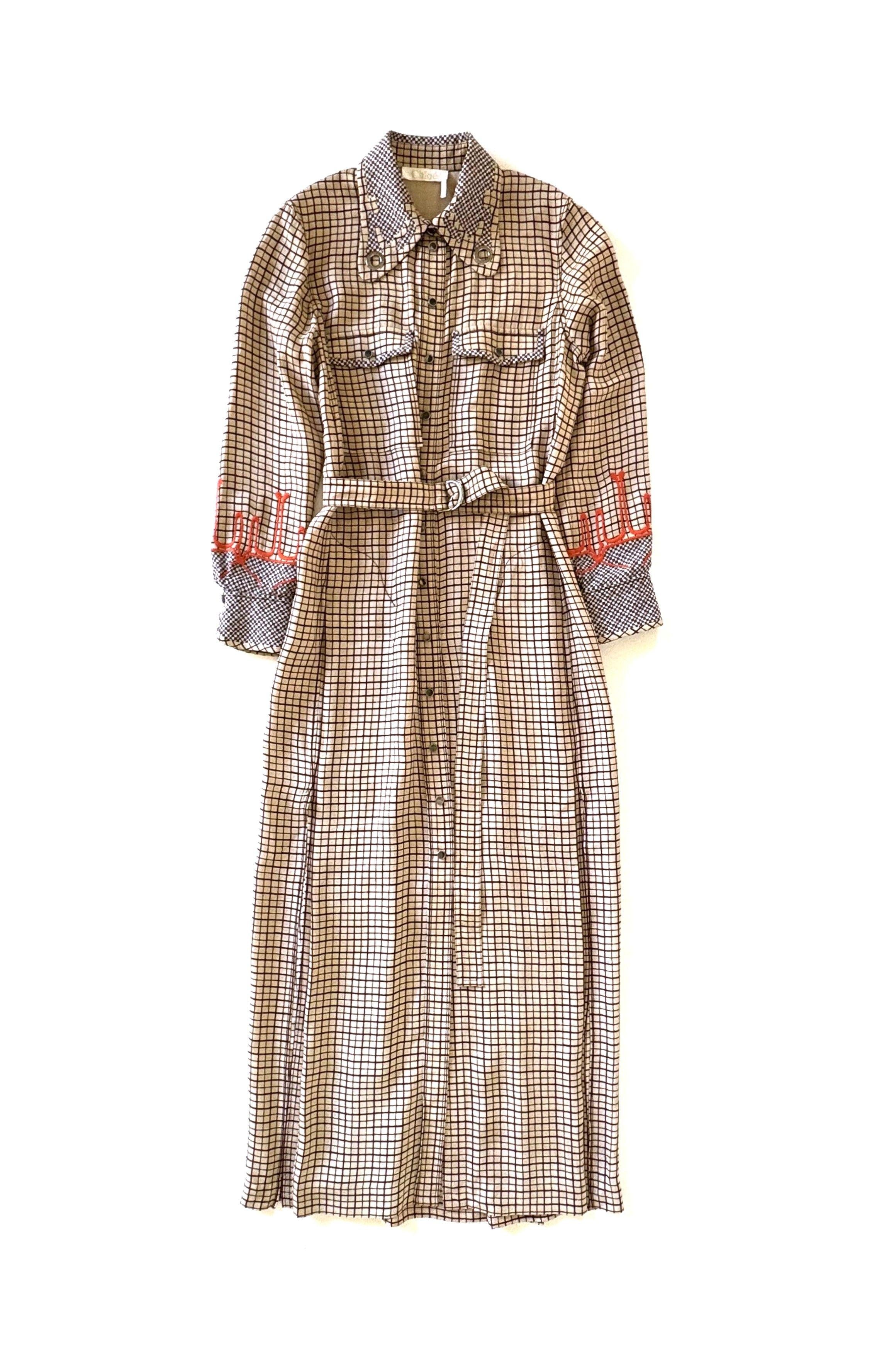 Chloe Belted Windowpand-Check Crepe Shirt Dress