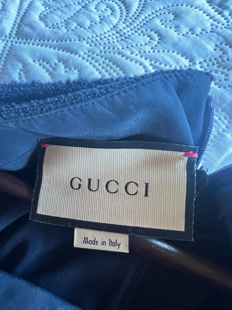 Gucci Navy Wool Blend Shift Dress with Gold Detail