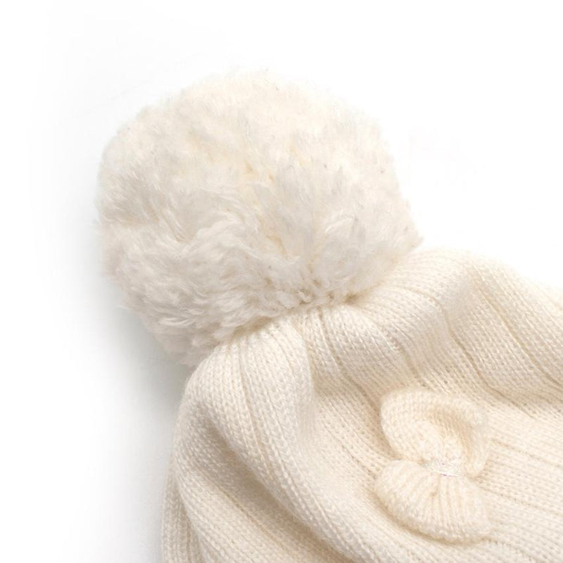 White Wool Knit Beanie with a Pom Pom and Bows