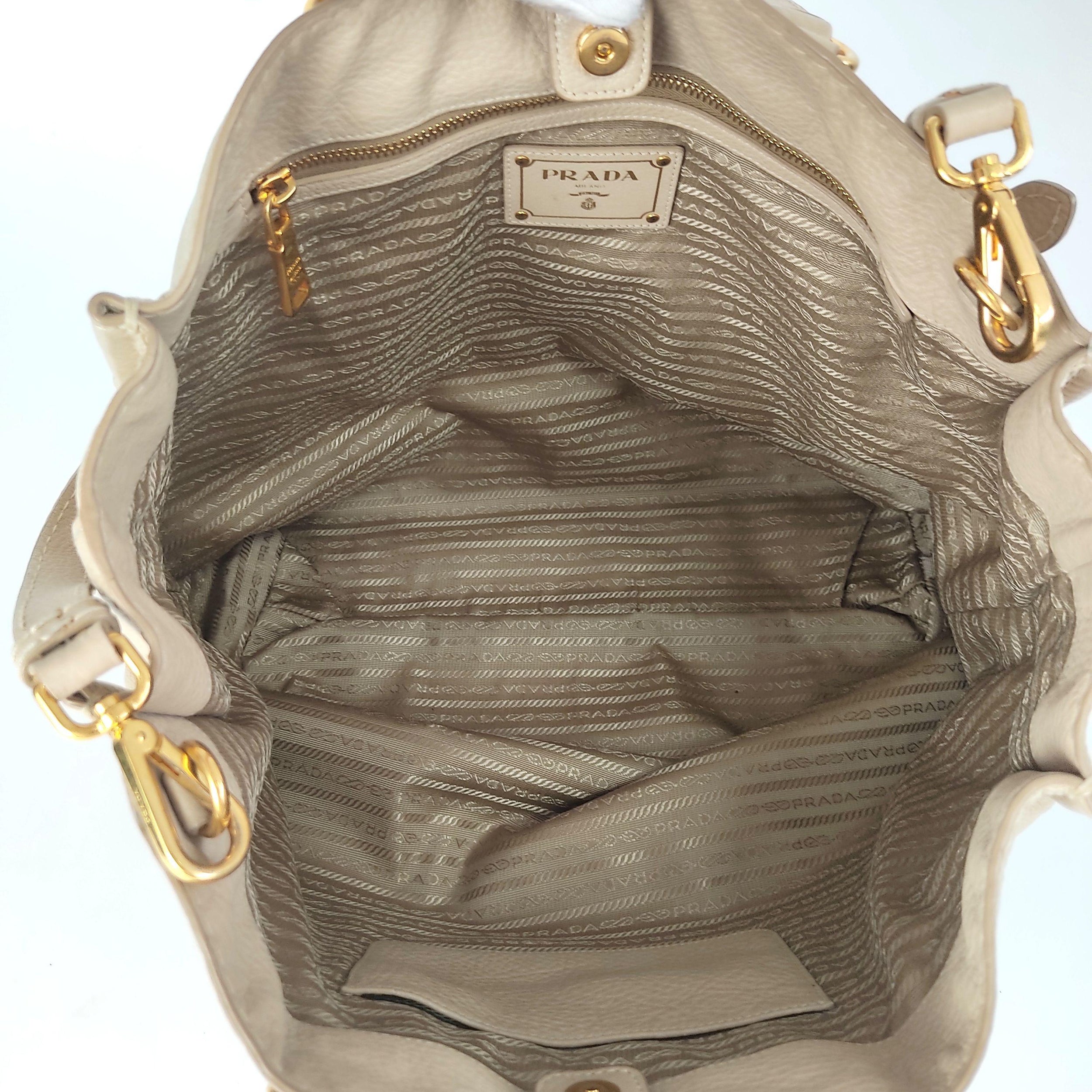 Beige leather logo embossed tote bag