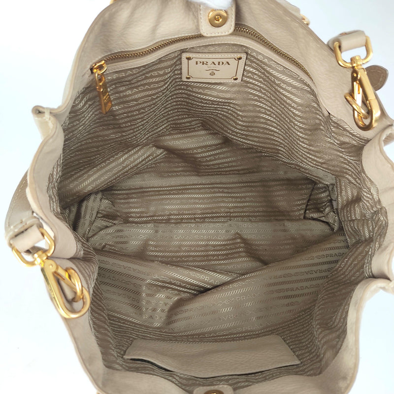 Beige leather logo embossed tote bag