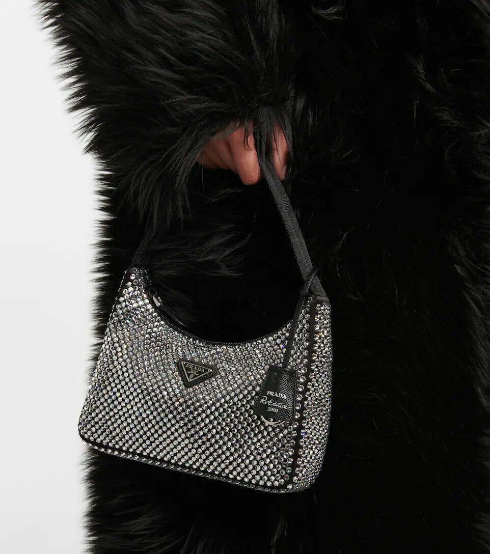 Black Satin Crystal Embellished Re-Edition 2000 Mini Bag