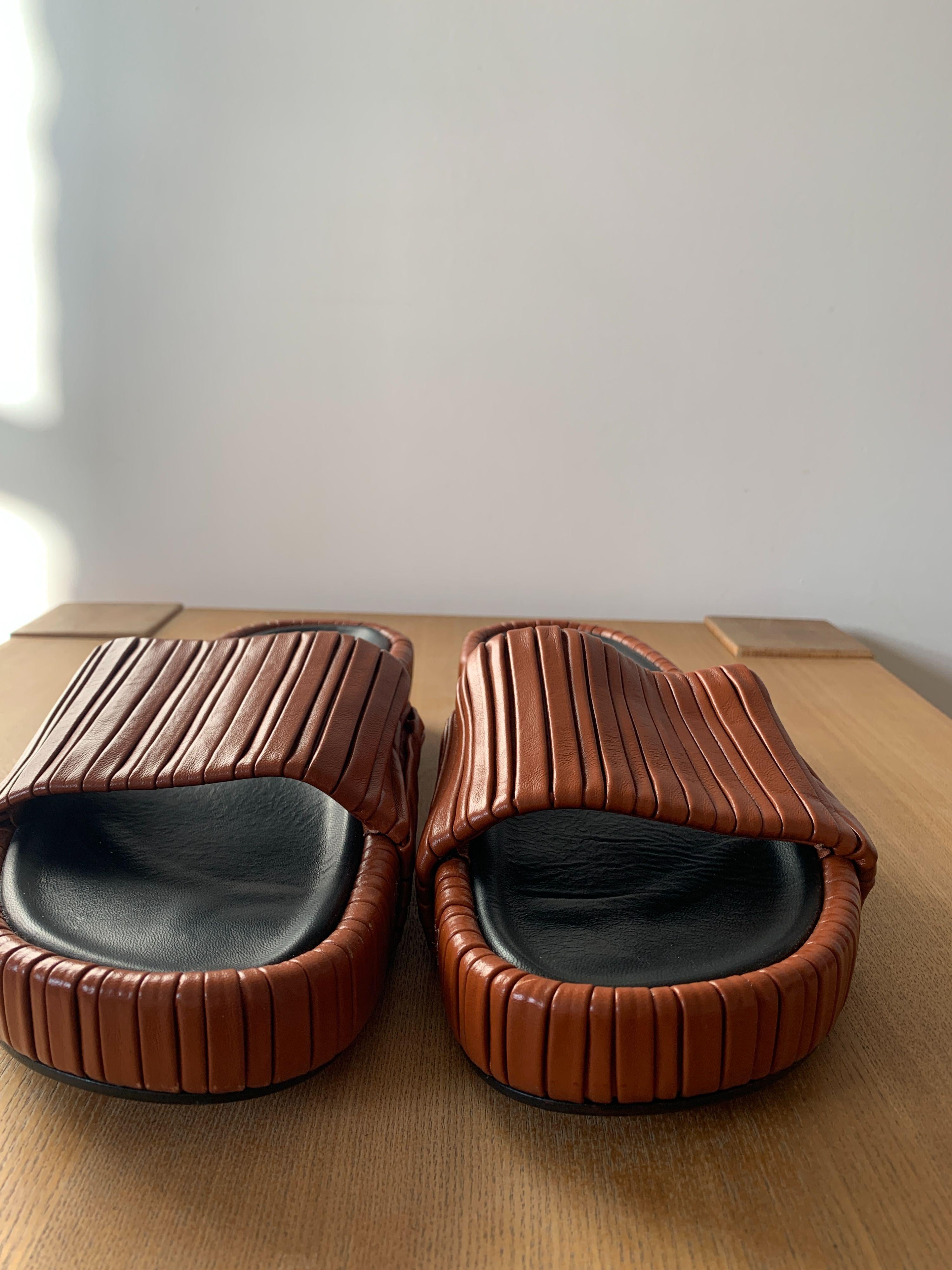 NEOUS Tan Brown Leather Slides