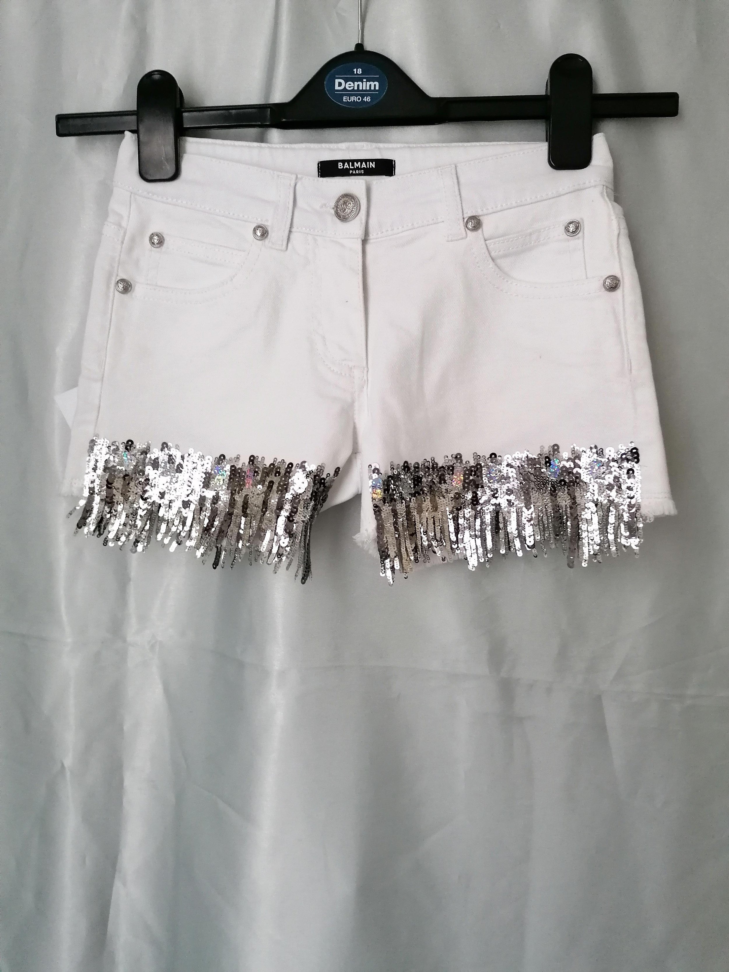 White Denim Sequin Fringed Shorts