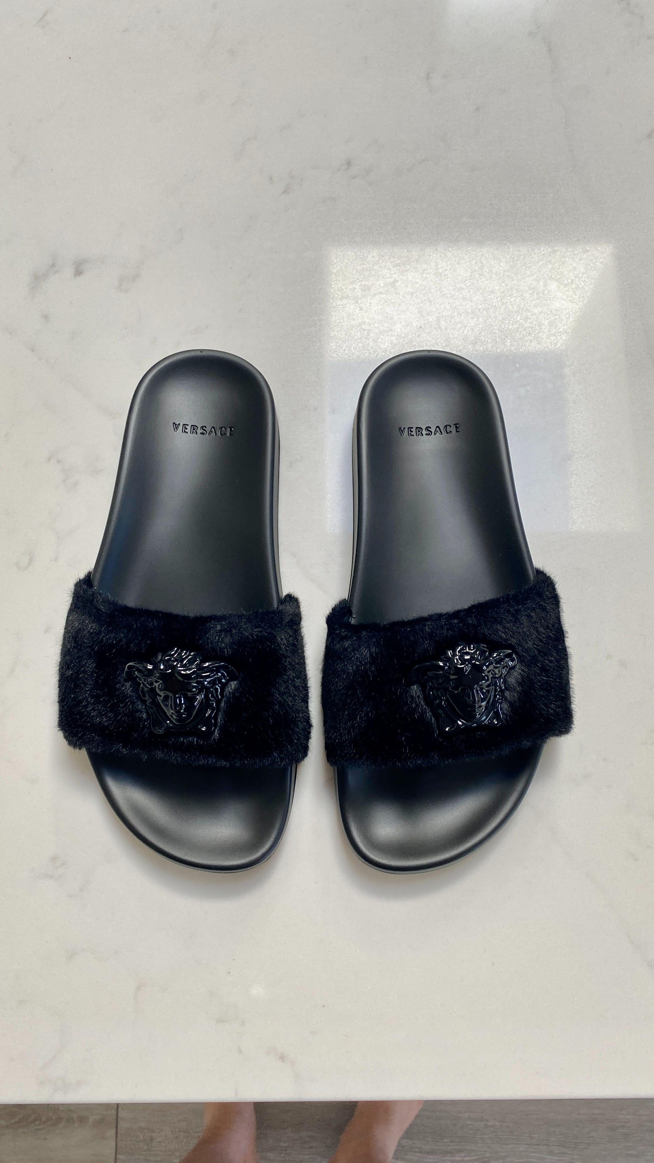 Versace Black Faux Fur Medusa Slides