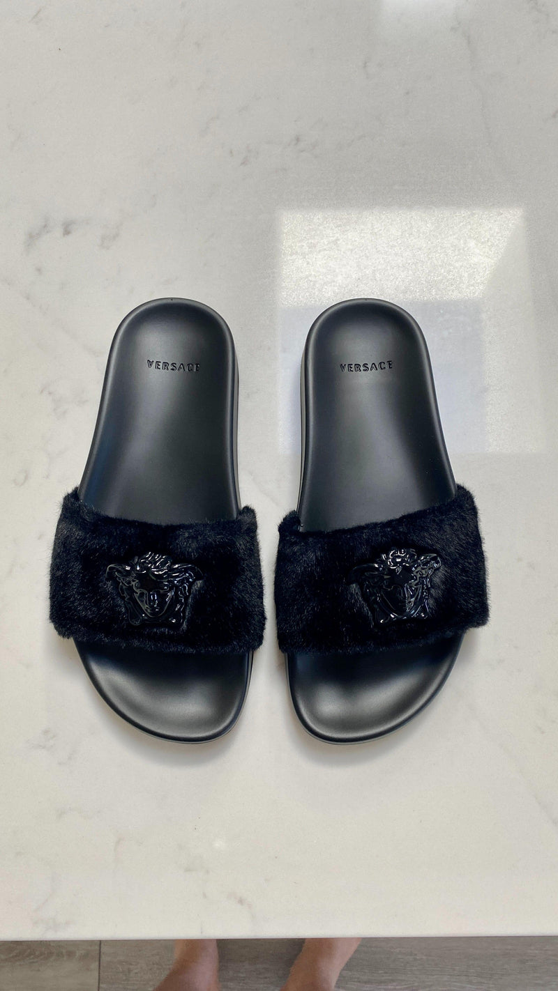 Versace Black Faux Fur Medusa Slides