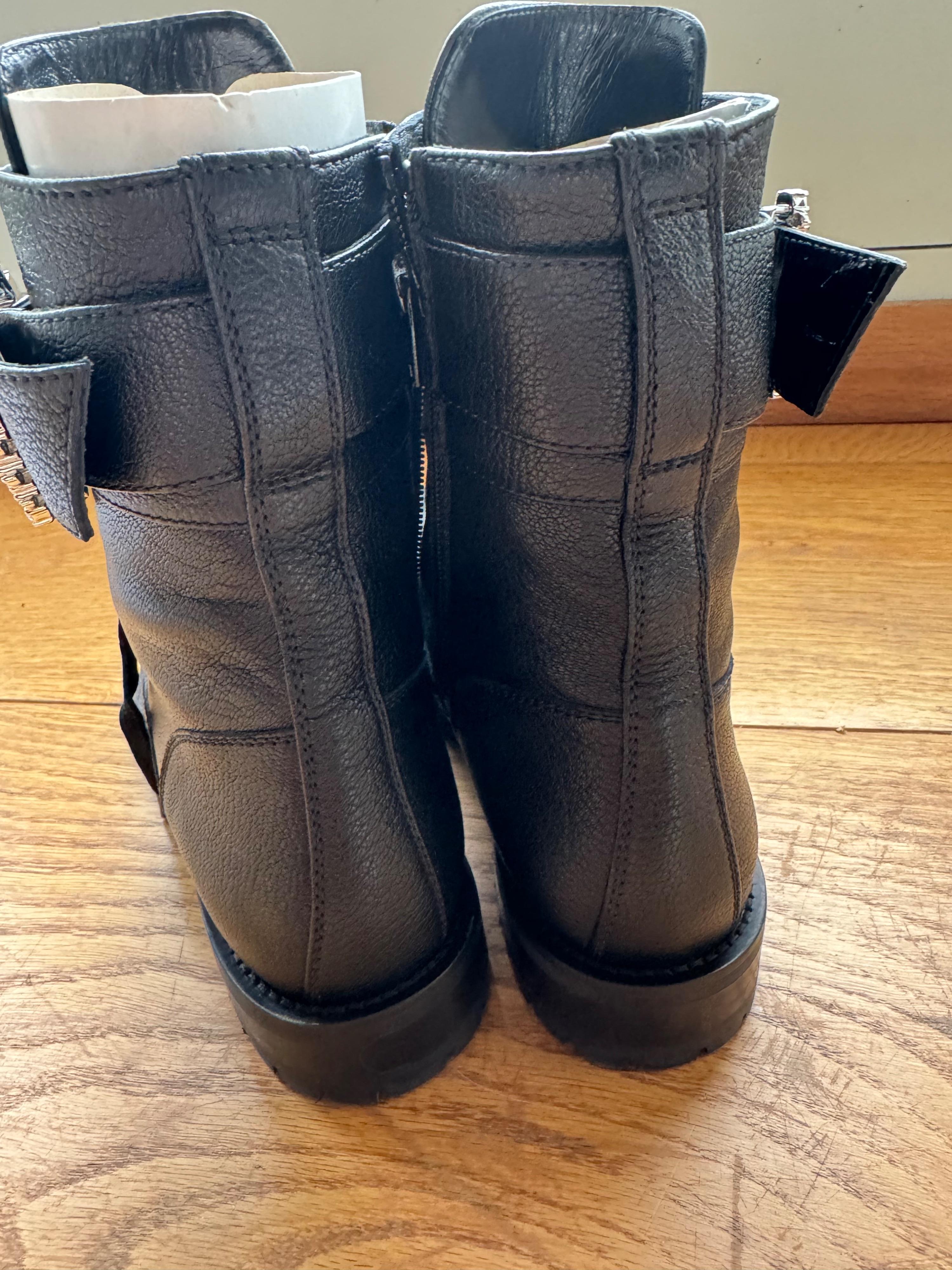 Crystal Embellished Buckle Black Leather Combat Boots