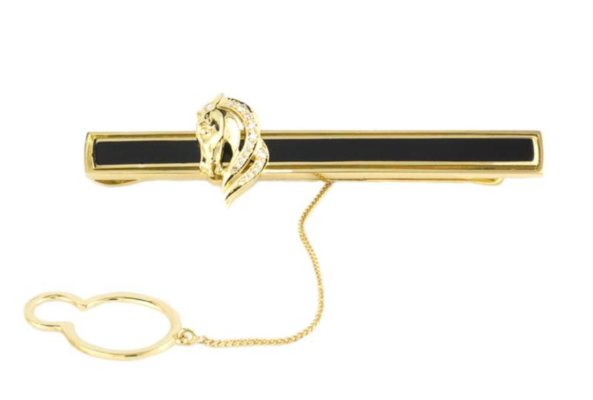 Bespoke Yellow Gold Enamel/Diamond Tie Slide & Cufflinks