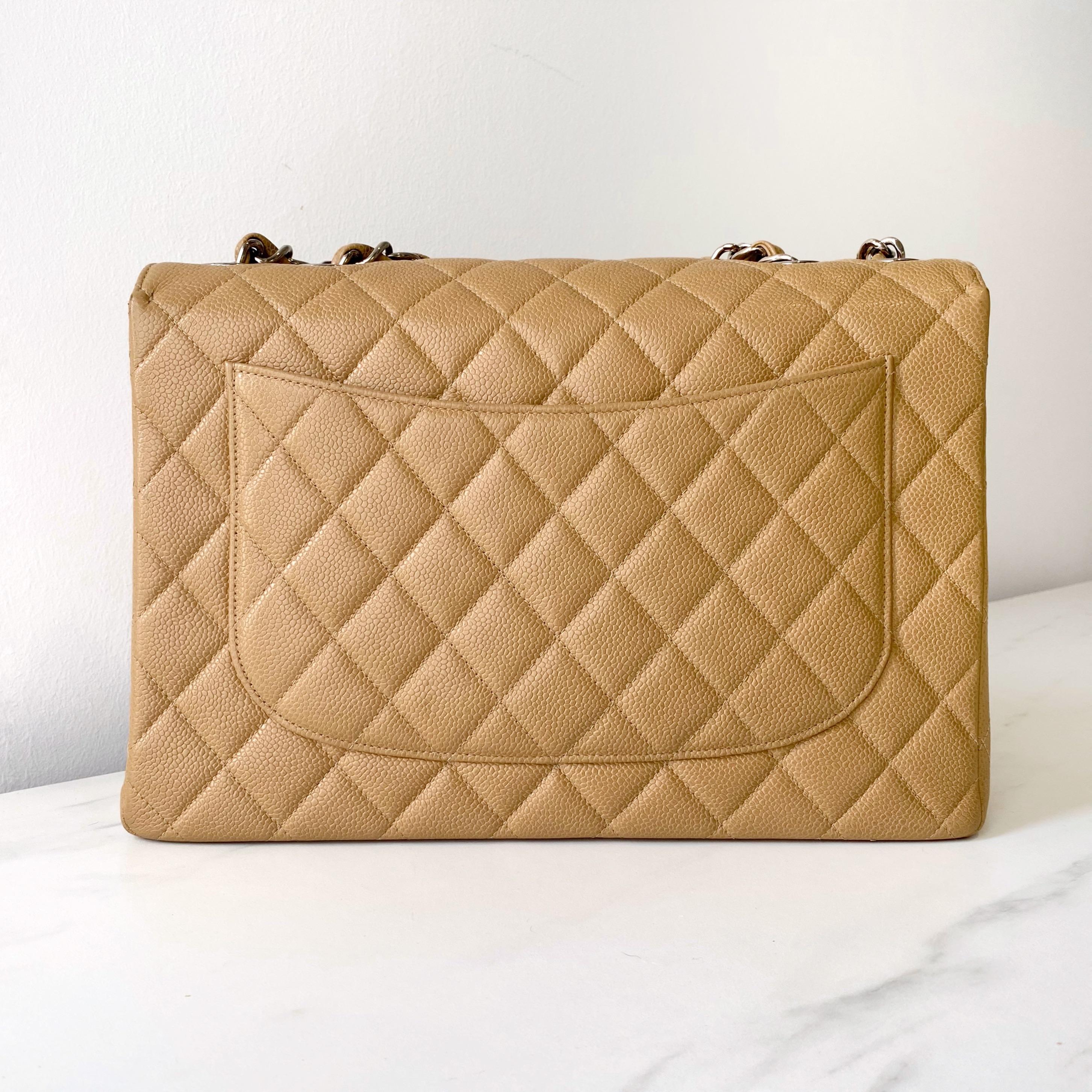 Chanel Beige Caviar Leather Quilted Jumbo Flap Bag