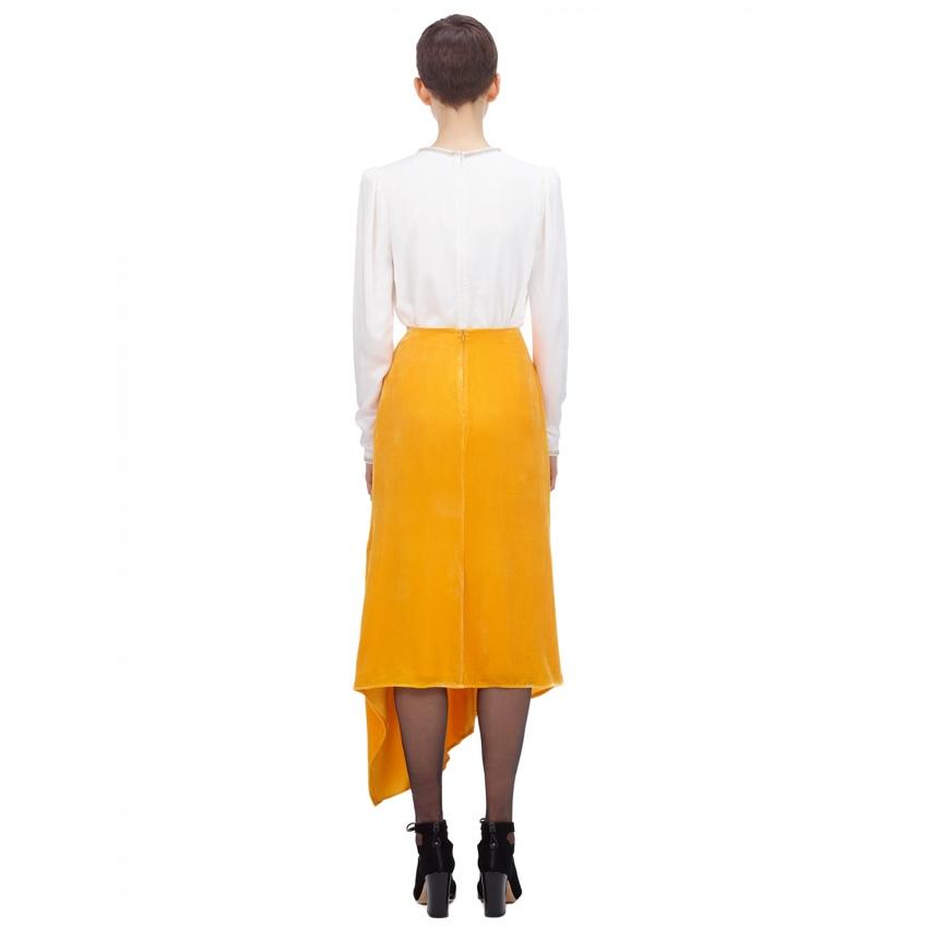 Self Portrait Yellow Velvet Ruffle Midi Skirt