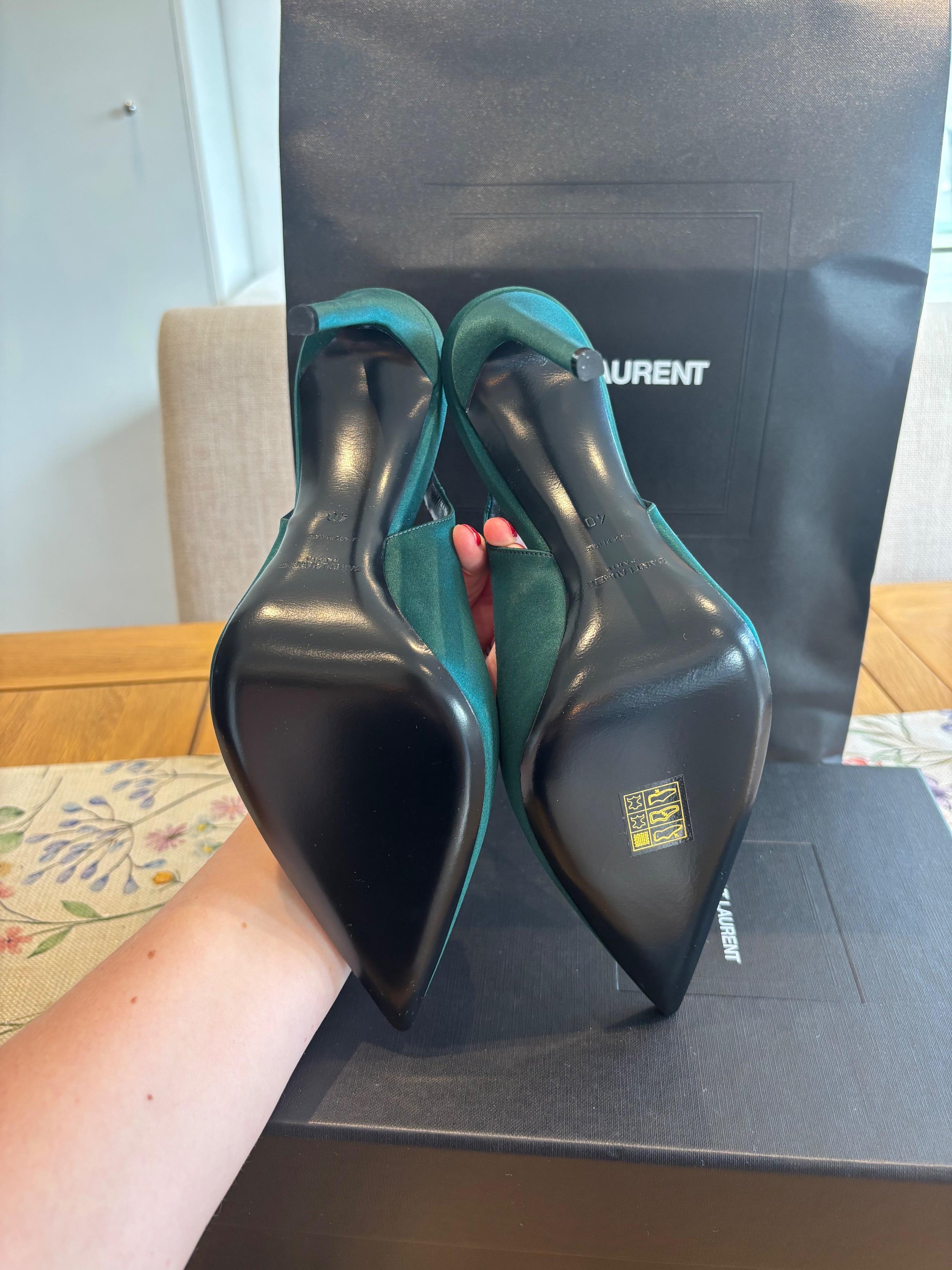 Saint Laurent Dorian Green Satin Heeled Slingback Shoes