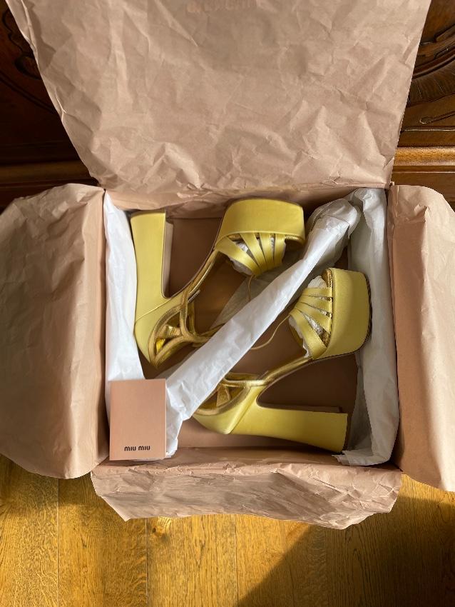 Miu Miu Gold Leather & Yellow Satin Platform Sandals