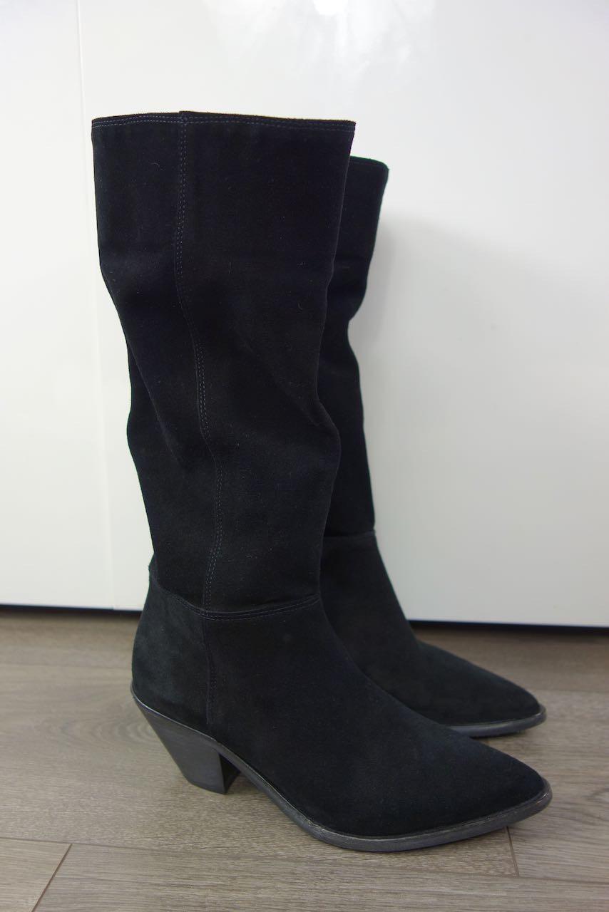 black suede long western heeled boots