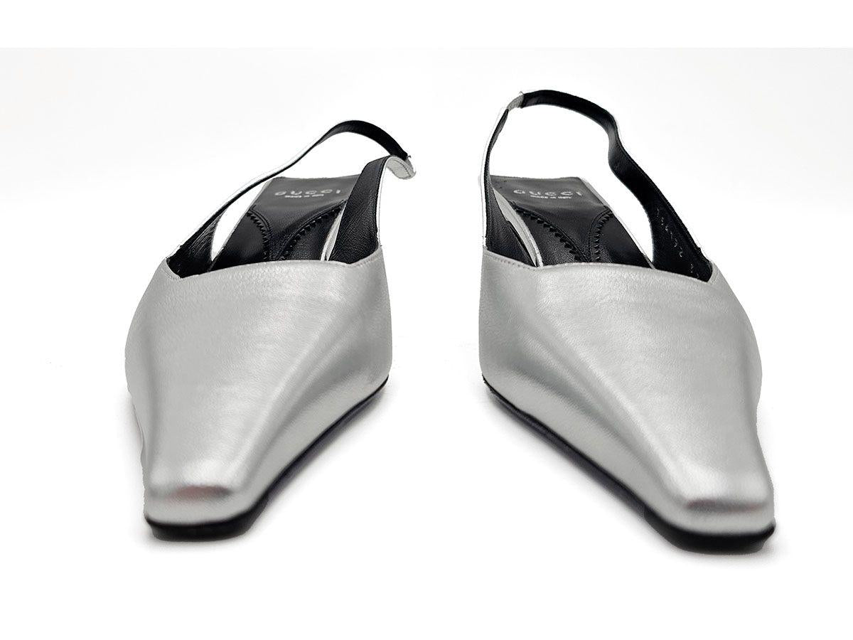Guci Silver Leather Slingback Sandals