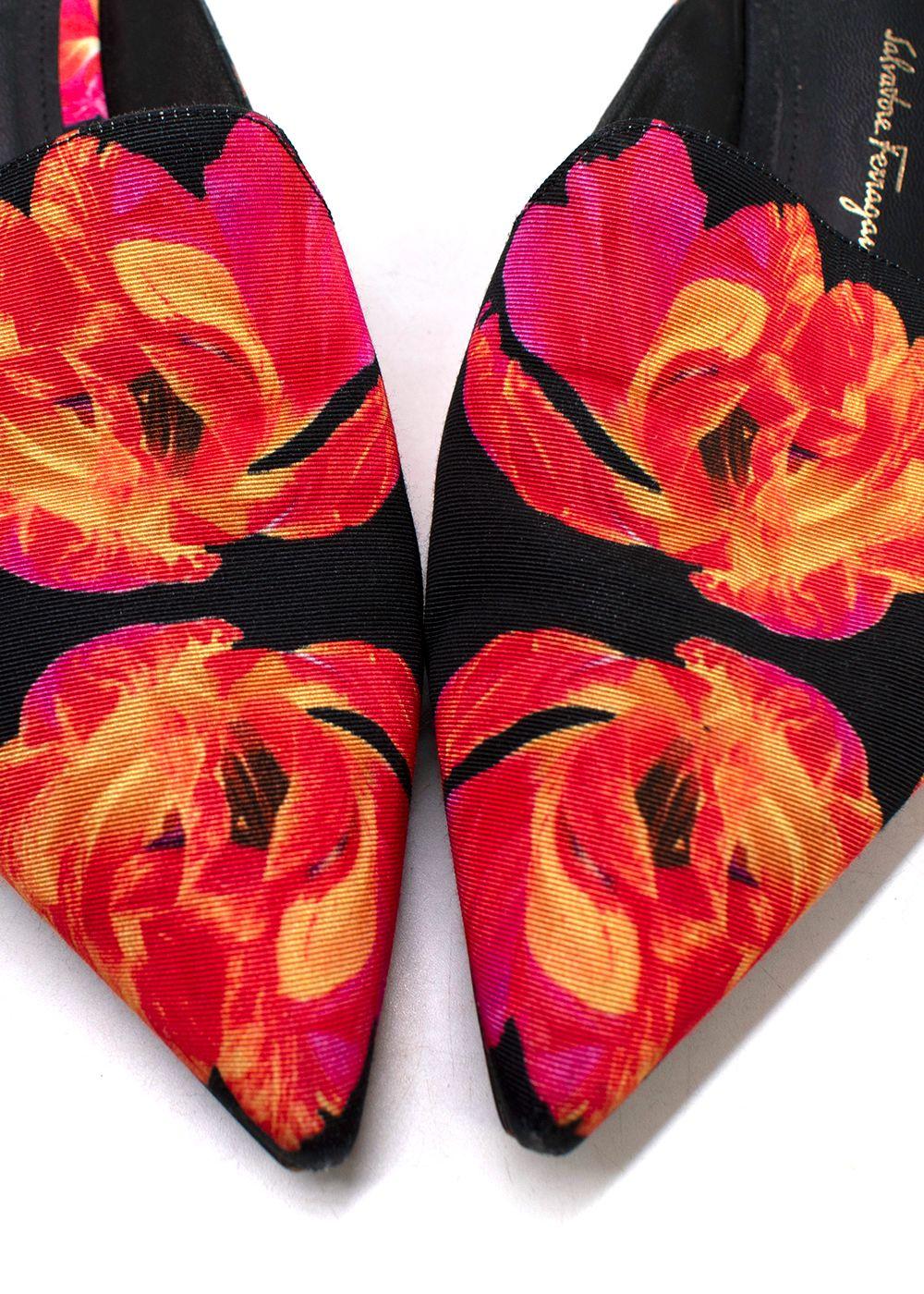 Salvatore Ferragamo Red and Black Floral Pointed Mules