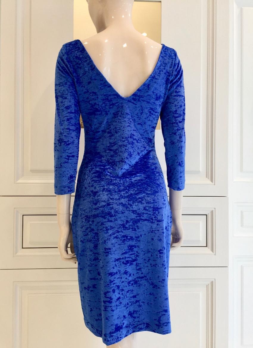 French Couture Electric Blue Panne Velvet V Back Dress