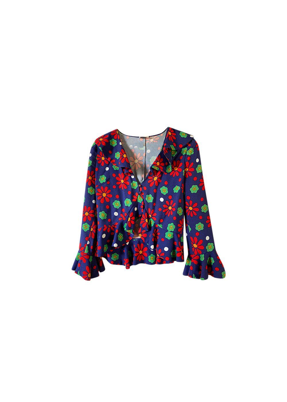 blue, red & green floral crepe blouse