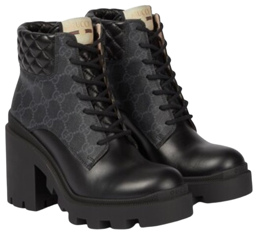 Gucci Black Monogram Leather and Canvas Biker Boots