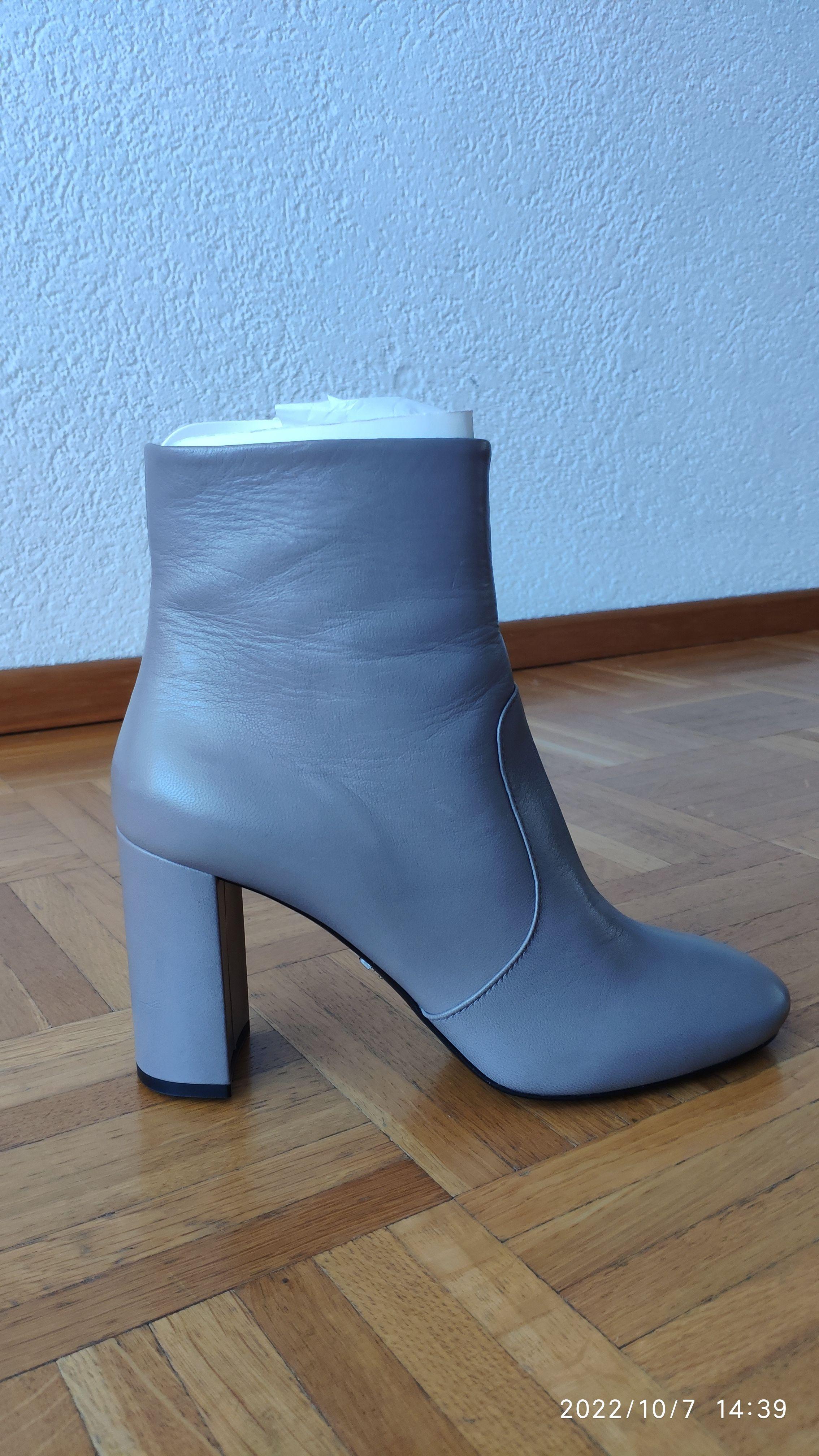 Grey Leather Heeled Ankle Boots