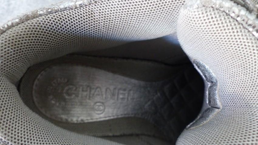 Chanel Metallic Crackled Silver Leather Sneakers
