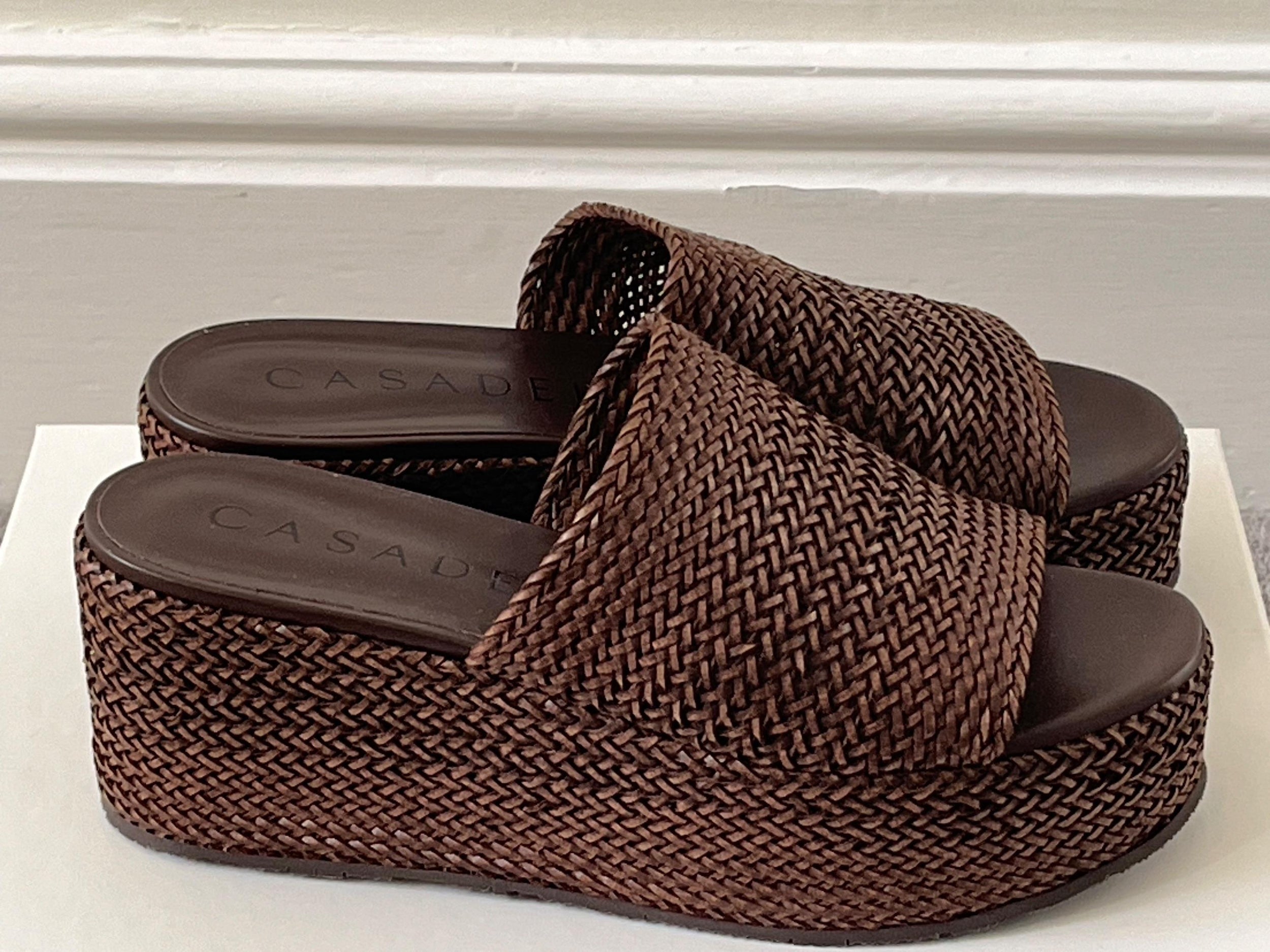 Casadei Brown Woven Leather Platform Slides