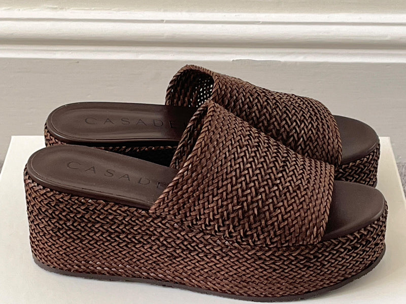 Casadei Brown Woven Leather Platform Slides
