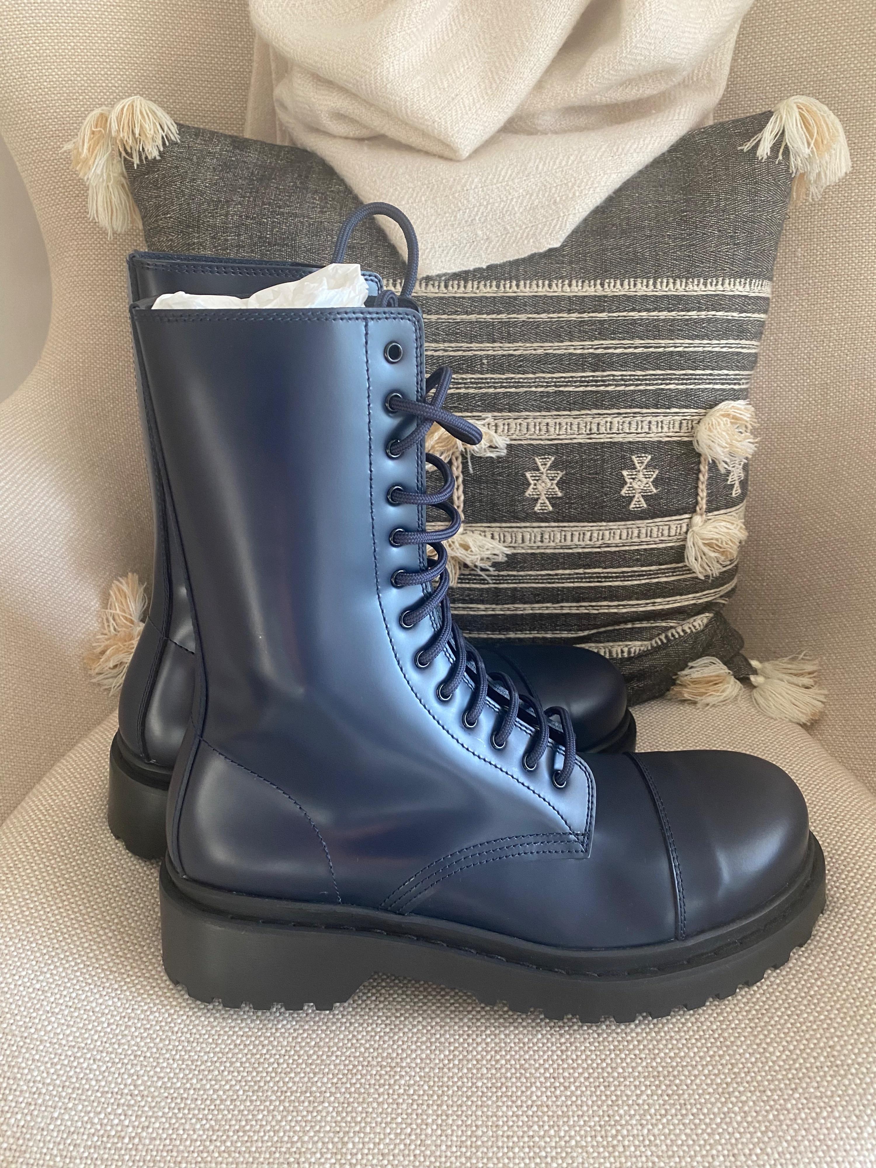 blue leather long combat boots