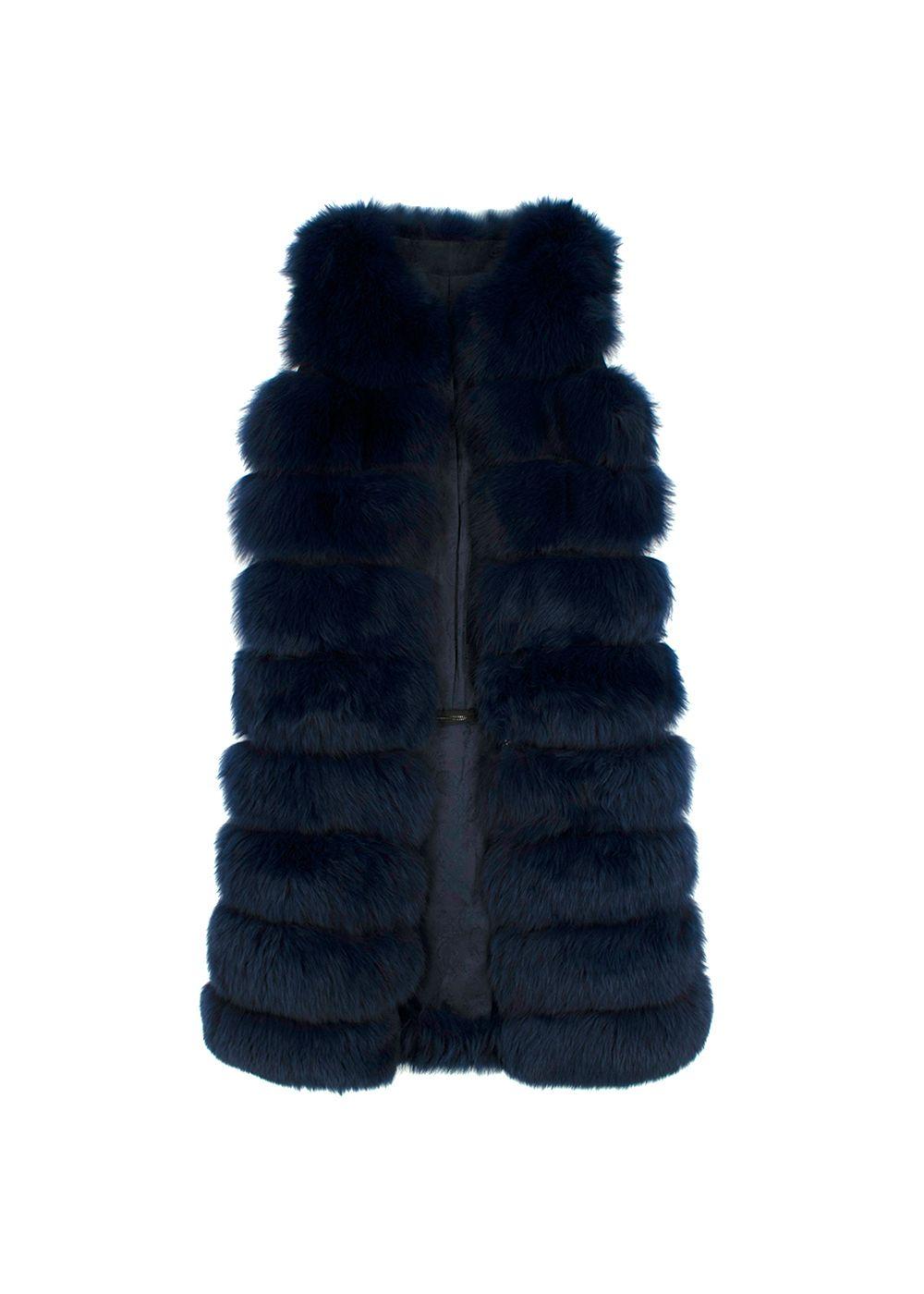 Dyed Deep Blue Fox Fur Zipped Midi Gilet