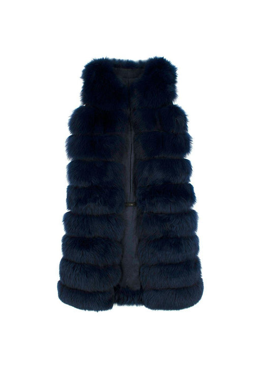 Dyed Deep Blue Fox Fur Zipped Midi Gilet