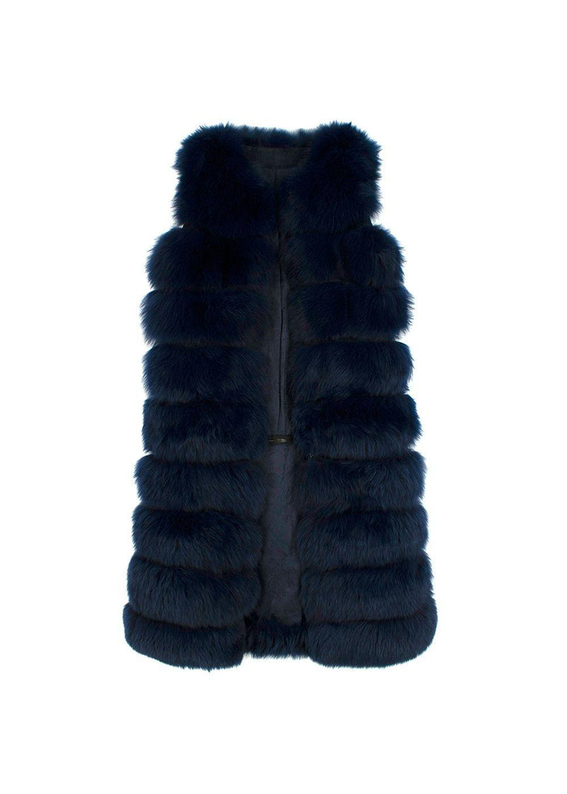 Dyed Deep Blue Fox Fur Zipped Midi Gilet
