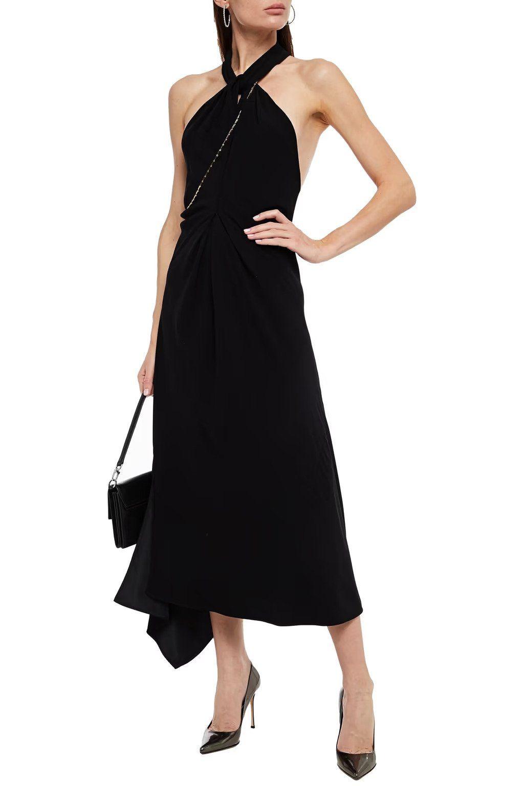 Black Crepe Chain Detail Asymmetric Midi Dress