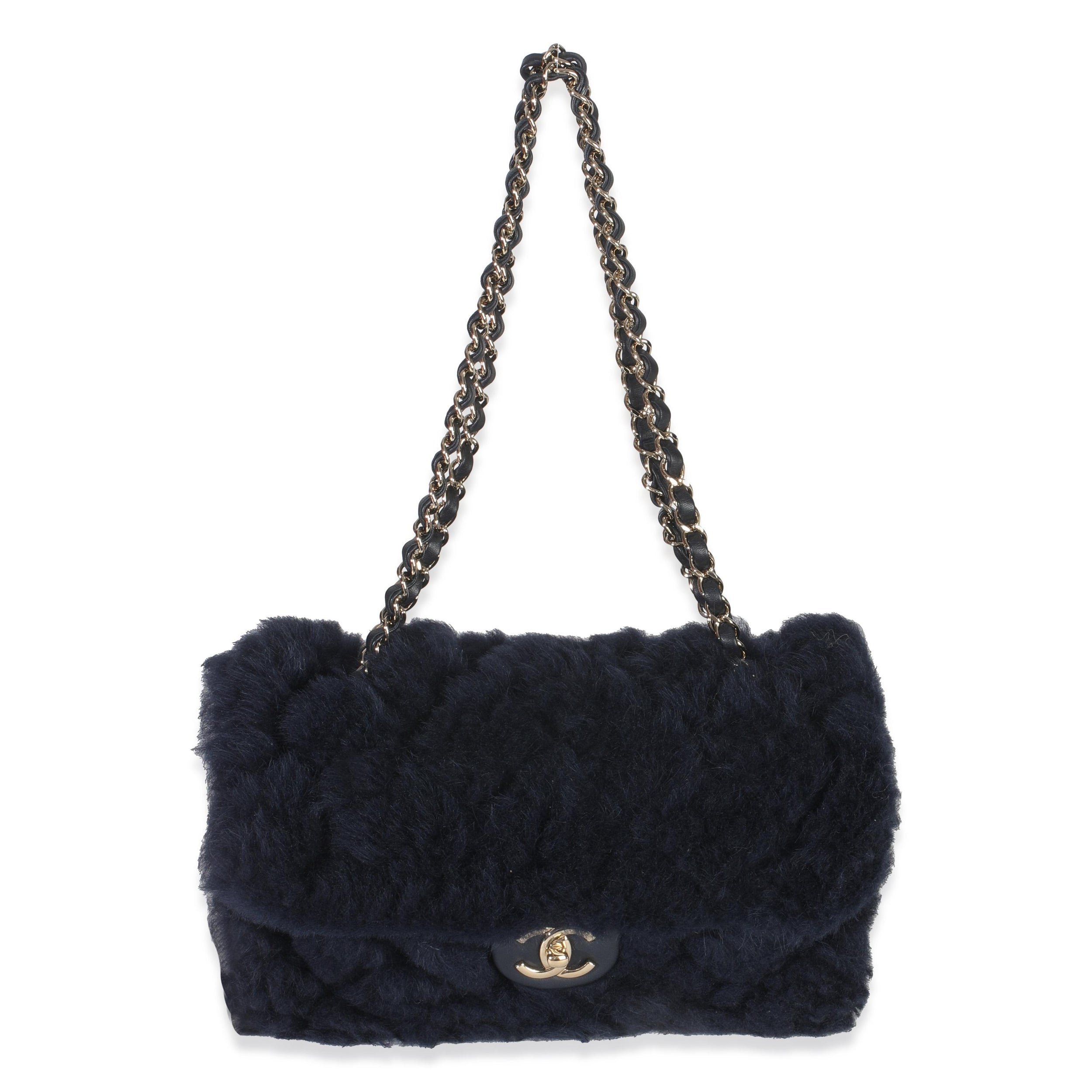 Chanel  Shearling Quilted Lambskin Medium Flap Bag in Navy