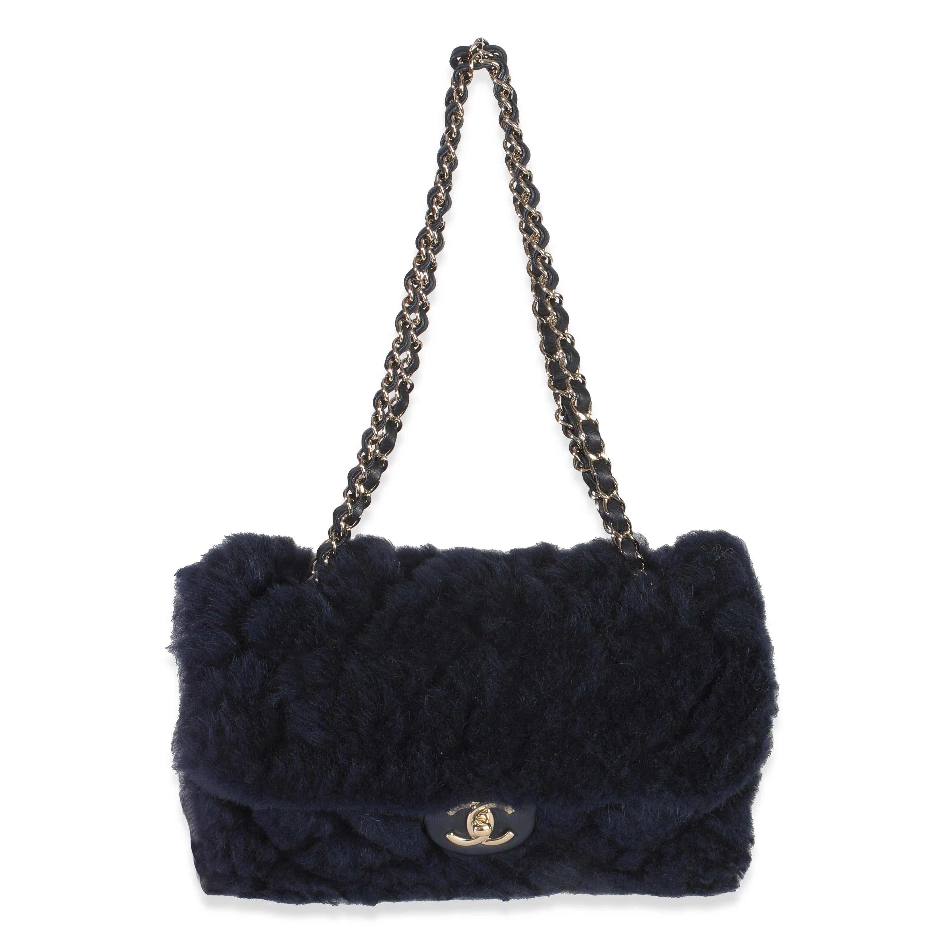 Chanel  Shearling Quilted Lambskin Medium Flap Bag in Navy