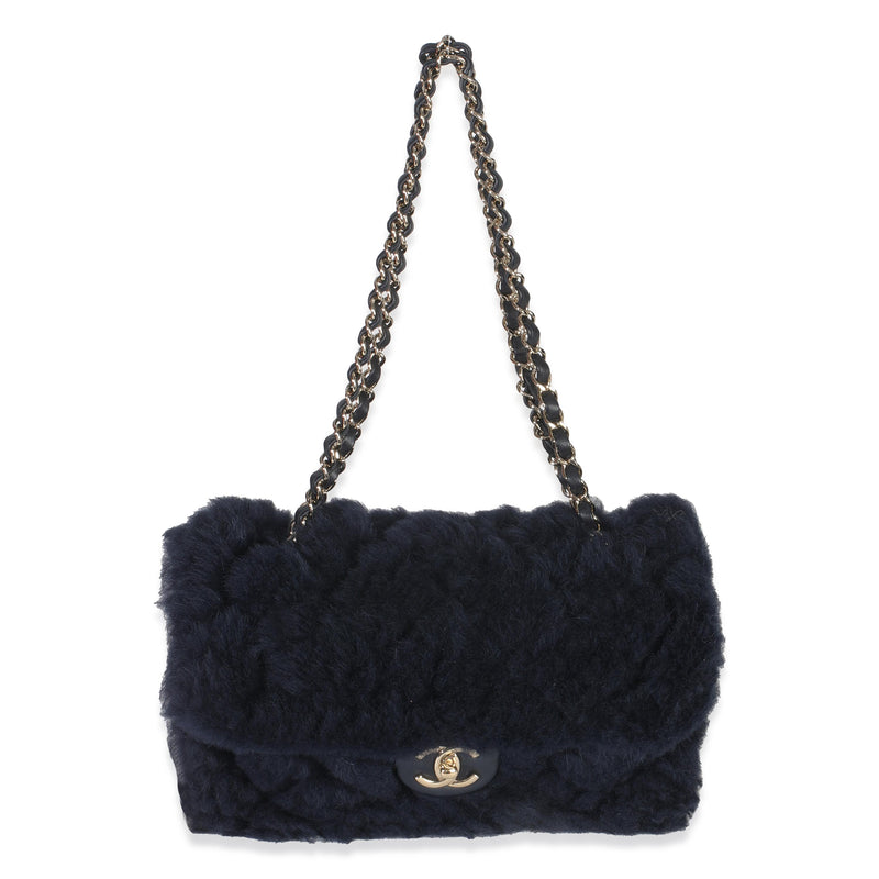 Chanel  Shearling Quilted Lambskin Medium Flap Bag in Navy