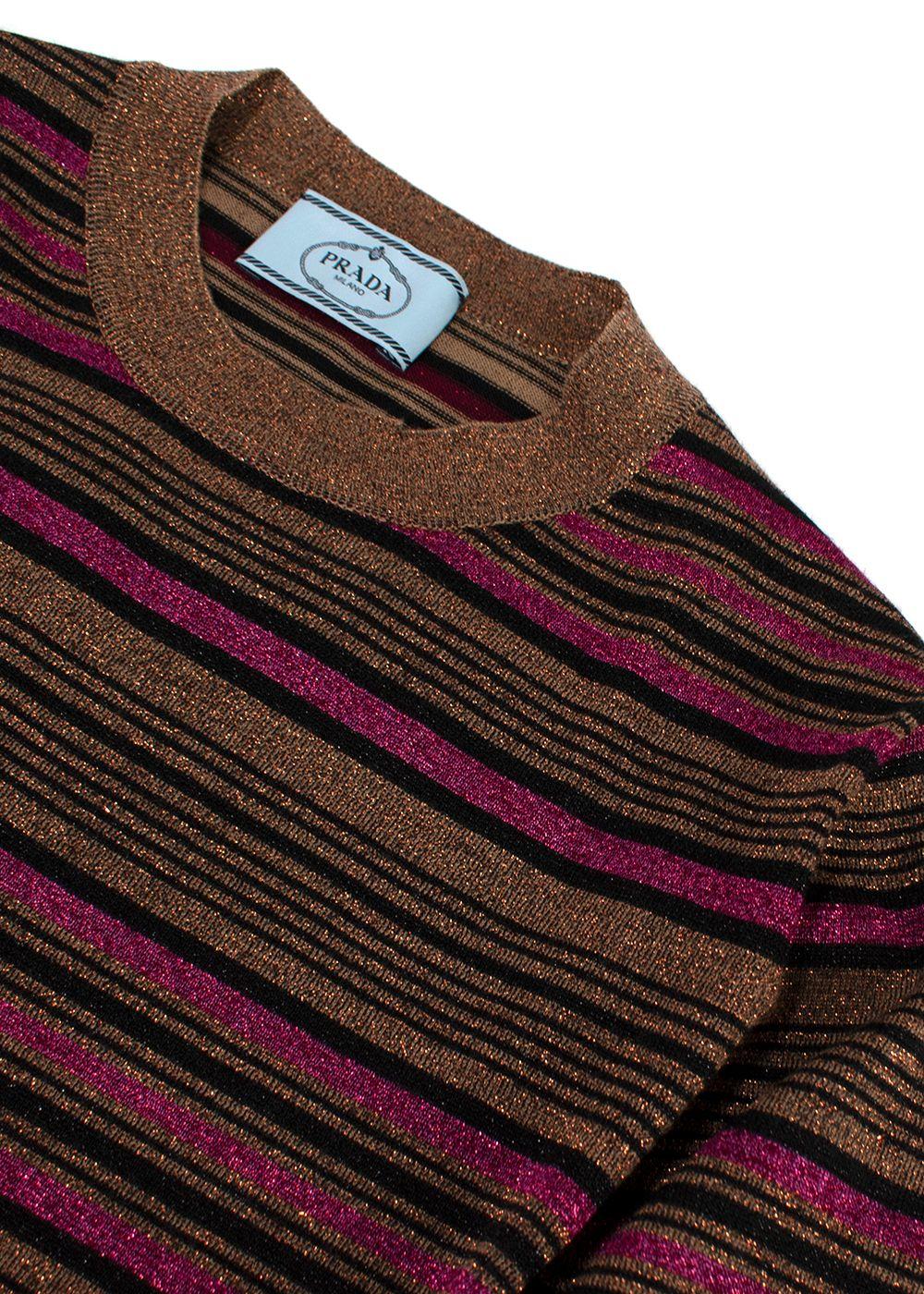 Prada Metallic Striped Short-Sleeve Crewneck Jumper