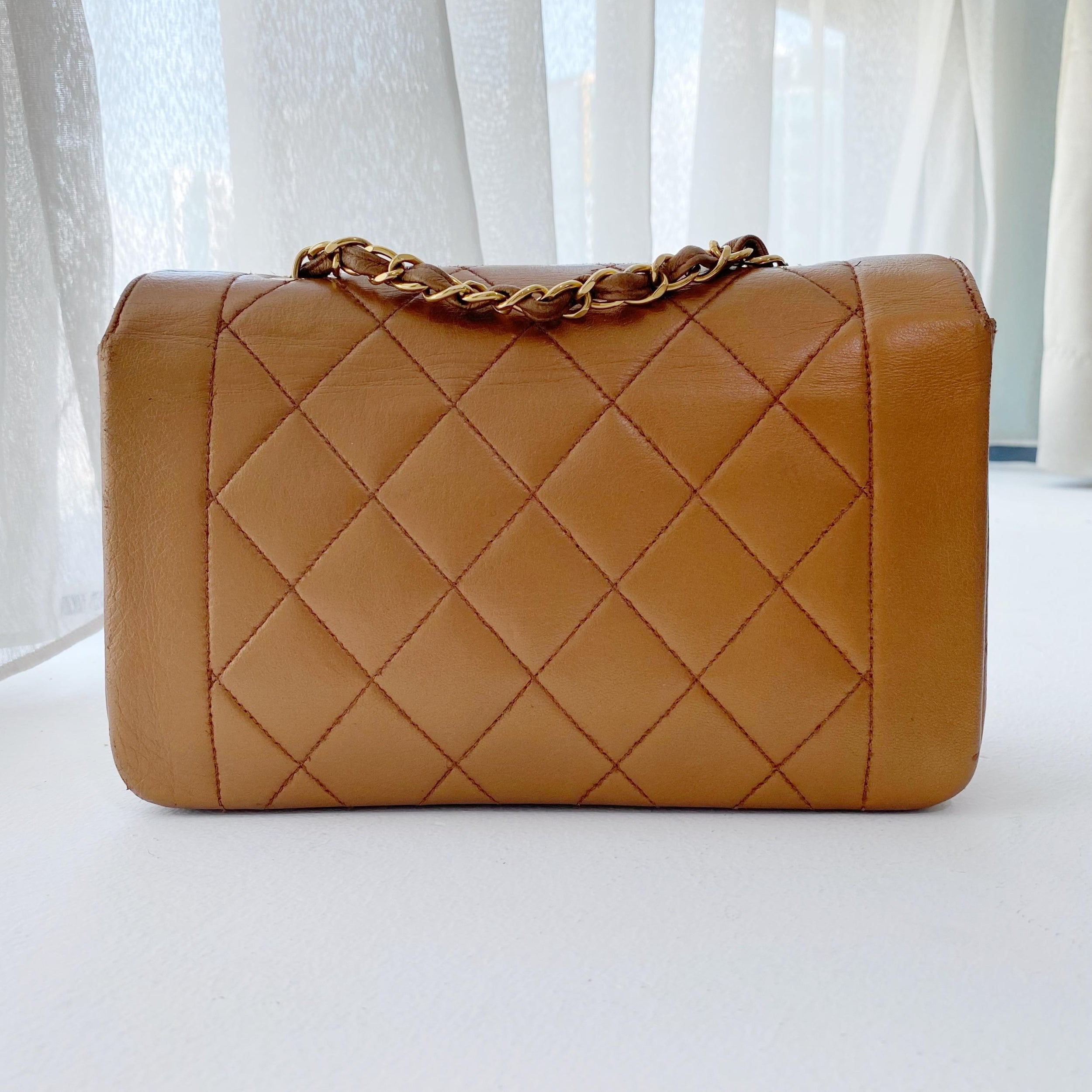 Vintage camel leather quilted small Diana flap bag