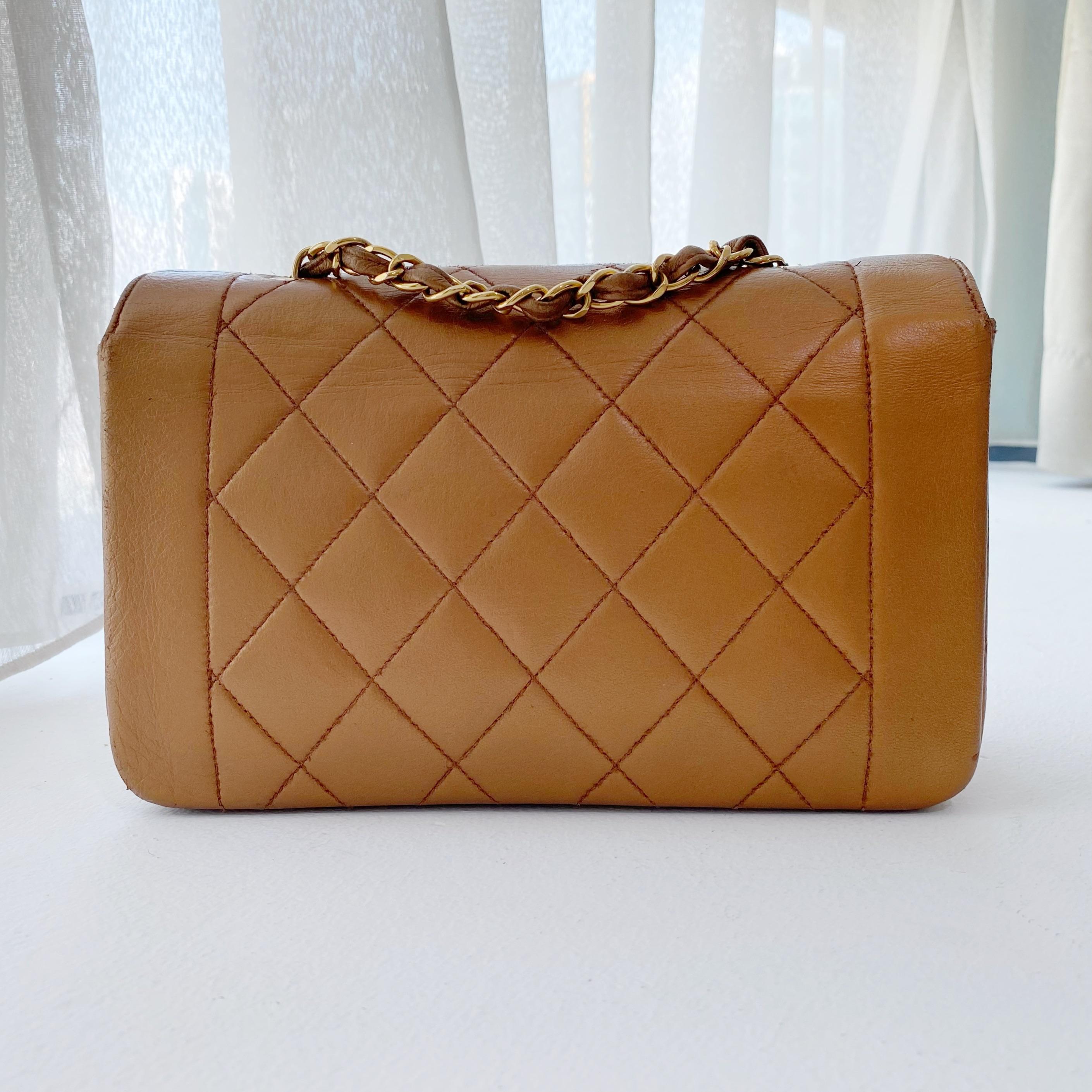 Vintage camel leather quilted small Diana flap bag