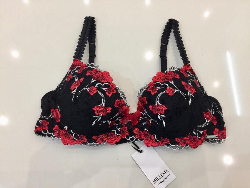 Millesia Embroidered Flowers Red & Black Padded Bra & Thong Set