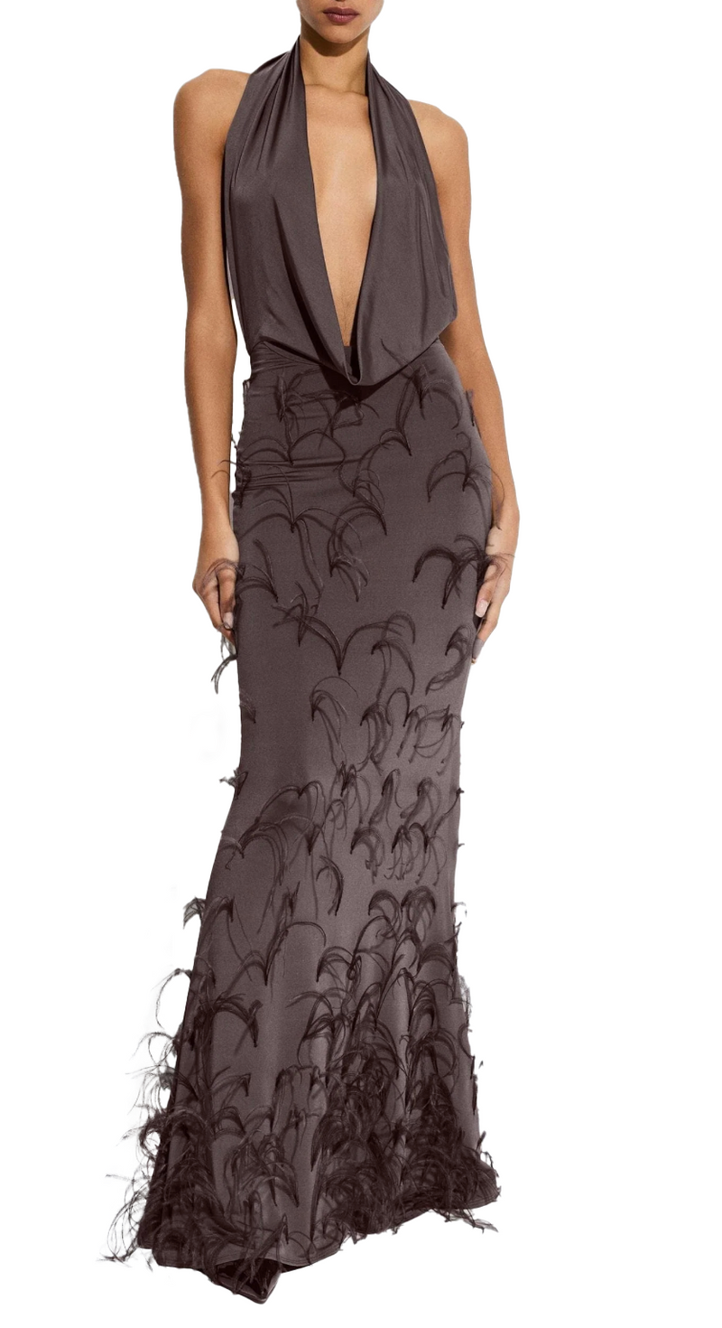 Lapointe Lightweight Jersey Deep Cowl Neck Gown With Feathers