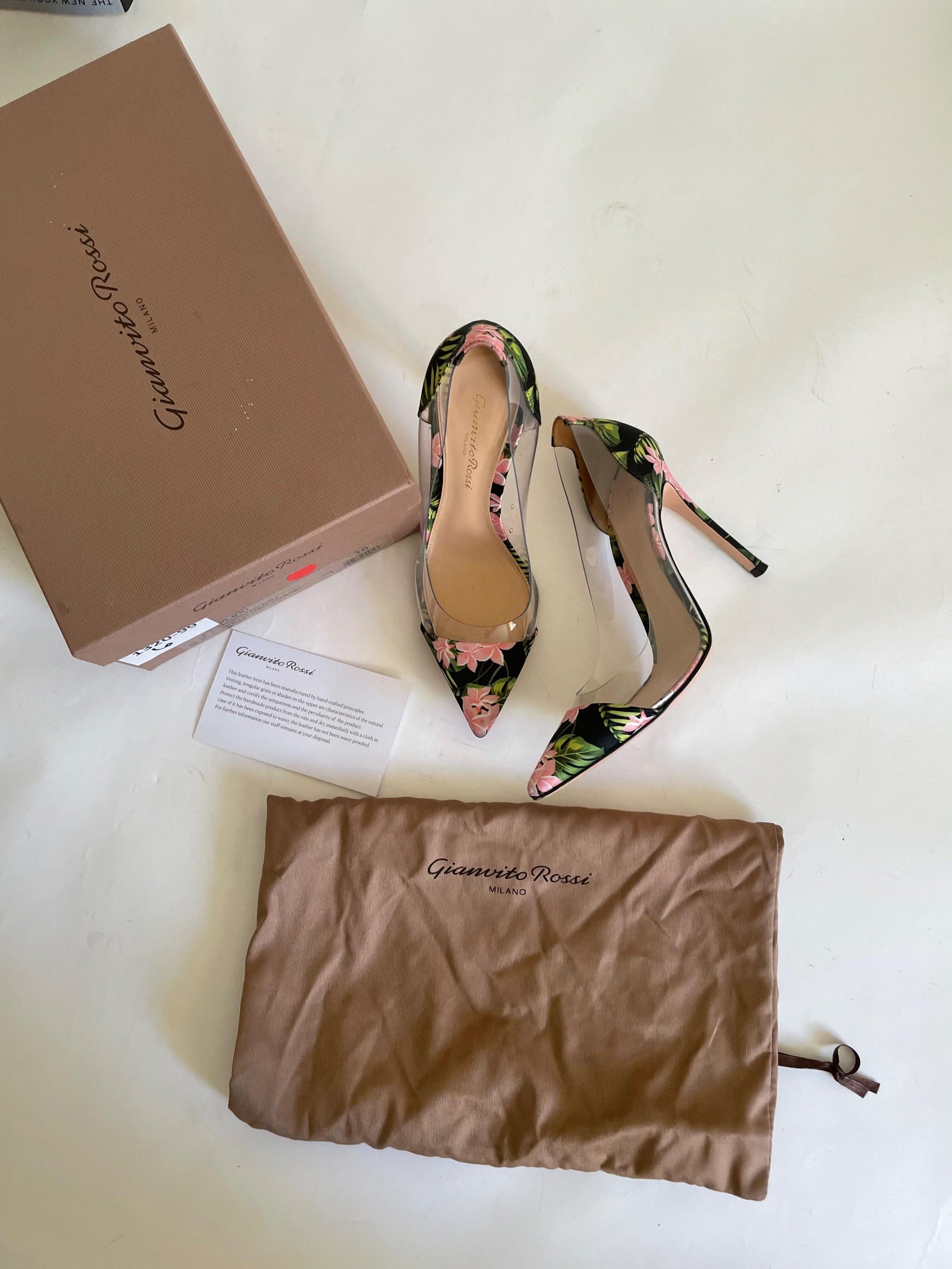 floral satin & PVC Plexi heeled pumps