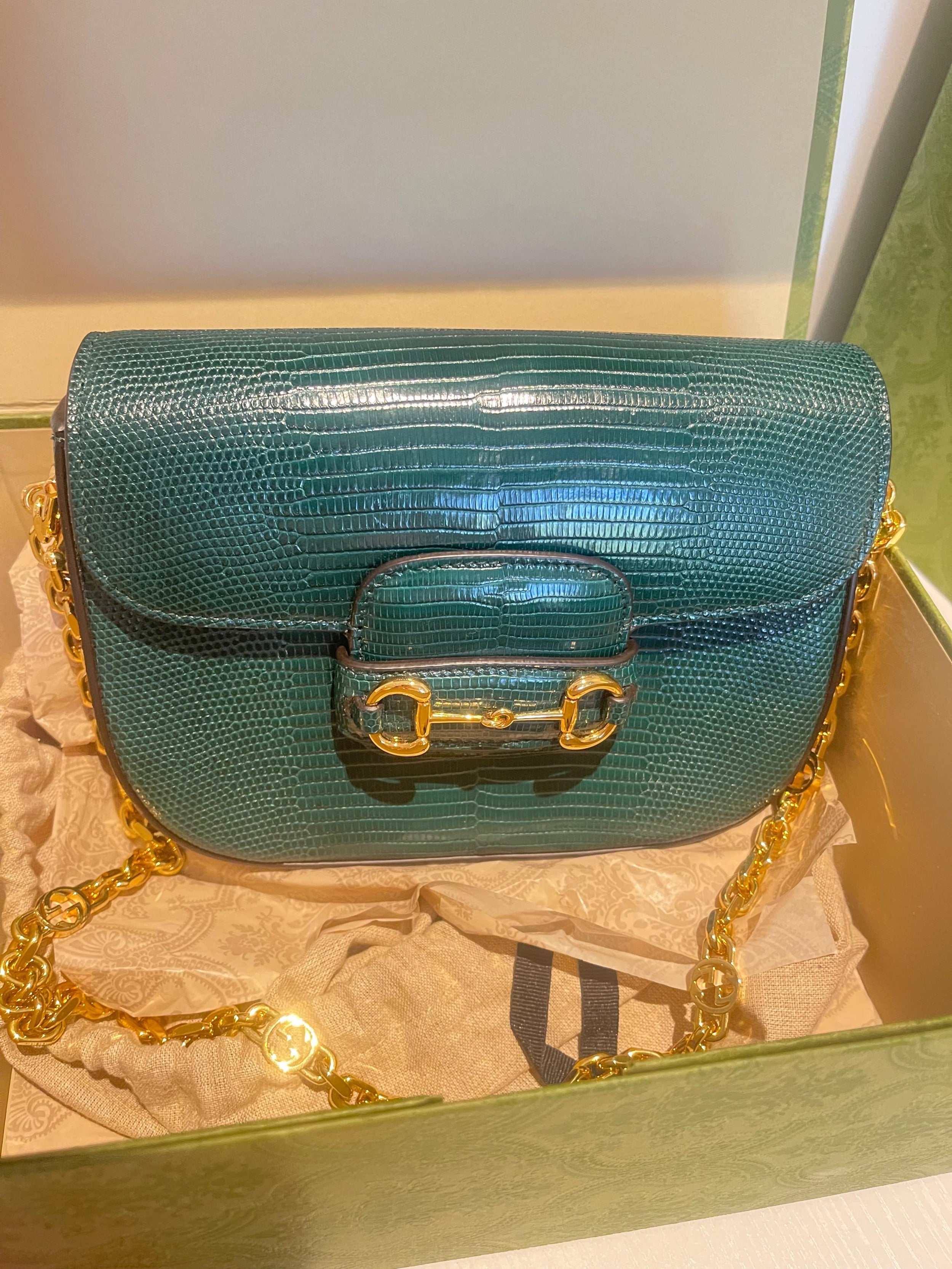 Gucci Emerald Green Horsebit 1955 Lizard Mini Bag