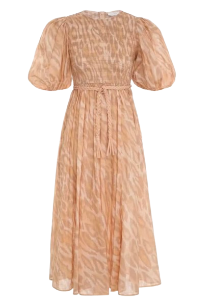 Zimmermann Leopard Print Violet Shired Bodice Midi Dress