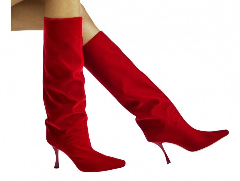Red velvet long heeled boots