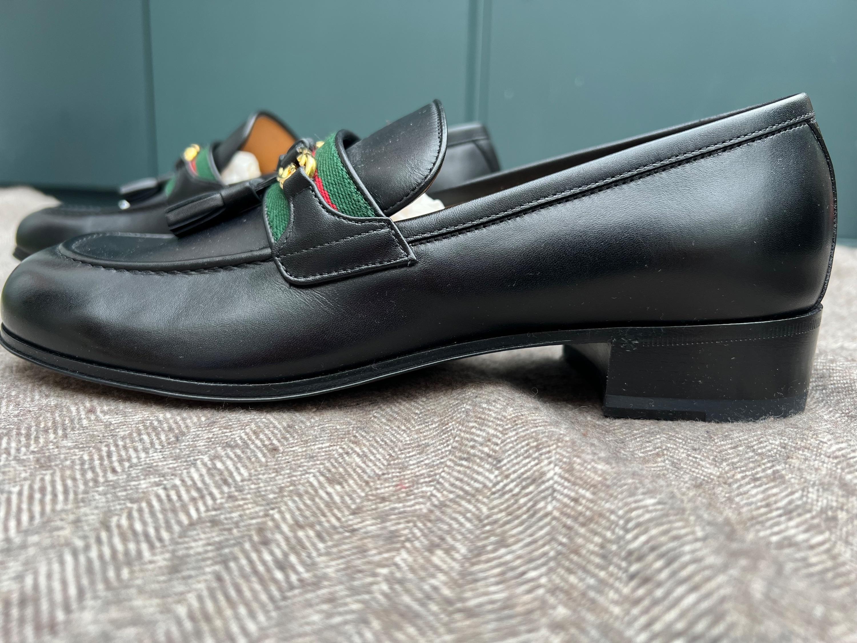 Gucci Black Leather Web Interlocking Loafers