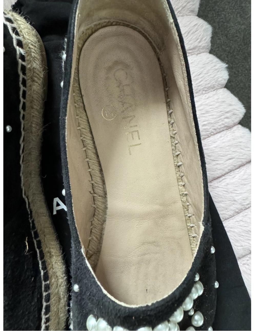 Chanel Black Suede Pearl Embellished Espadrilles