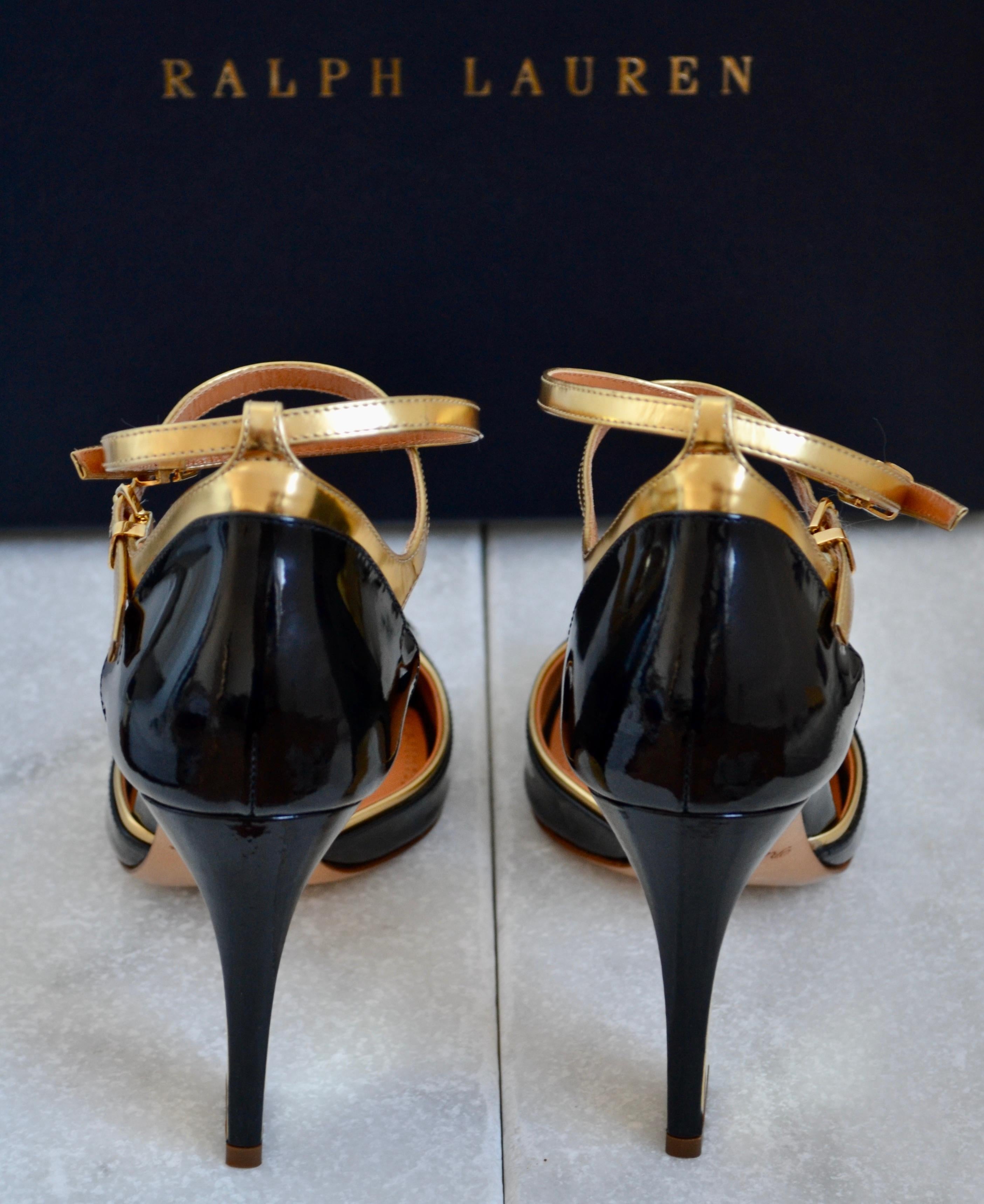 Ralph Lauren Collection  Navy Patent Heeled Ankle Strap Shoes